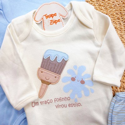 CONJ. DE MALHA 3 PEÇAS - Um Traço Fofinho Virou Estilo - Azul Bebê e Off White